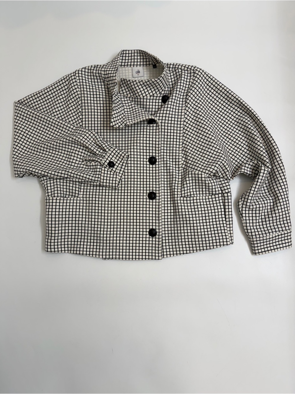 Cabi Windowpane Jacket XL NWT Black Ivory Plaid Cropped Button Front Blazer